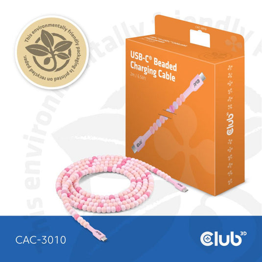 Club 3d usb-c beaded cable pink, 2 meter kabel (roze)