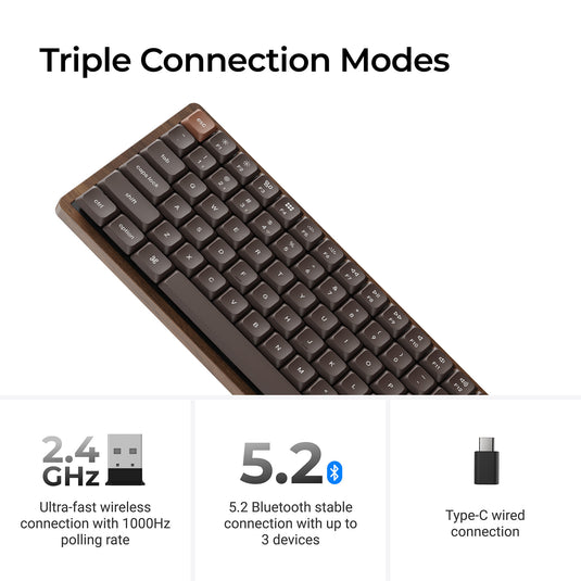 Keychron k3 max-h3w all-wood special edition rgb mechanisch toetsenbord (houtkleur, us lay-out (qwerty), milk pom brown, 75%, rgb leds, double-shot pbt, hot swap, 2.4ghz | bluetooth 5.1 | usb-c)