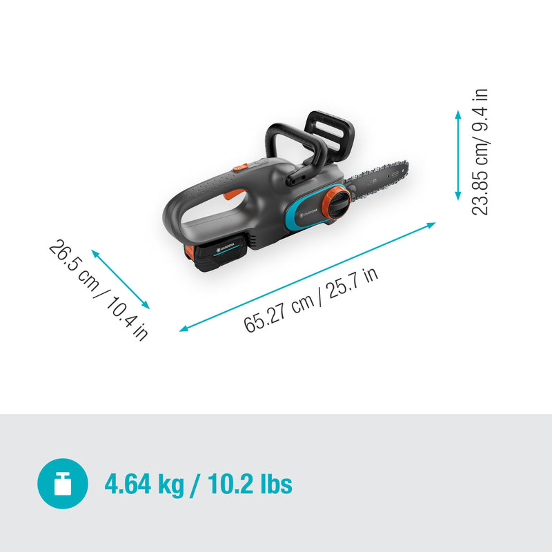 Afbeelding laden in galerijviewer, Gardena accukettingzaag powersaw 250 18v (grijs turquoise, accu en oplader inbegrepen, power for all alliance)
