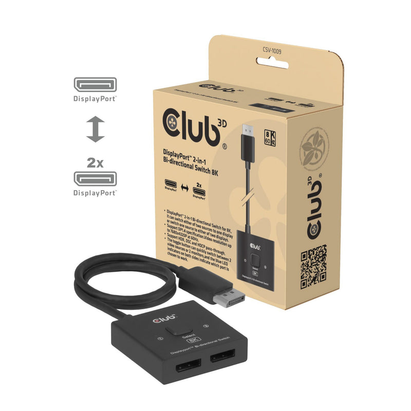 Afbeelding laden in galerijviewer, Club 3d 2-in-1 bidirectionele displayport switch (zwart, 8k)
