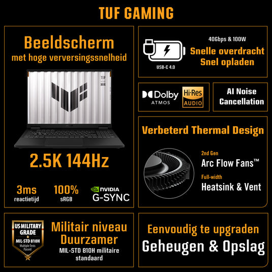 Asus tuf gaming a18 fa808up-s8022w 18 copilot+ gaming laptop (zwart grijs | r7 260 | rtx 5070 | 32 gb | 1 tb ssd)