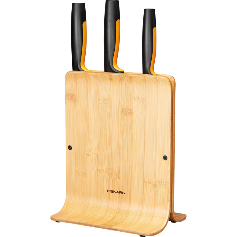Afbeelding laden in galerijviewer, Fiskars functional form bamboe messenblok met 3 messen (meerkleurig, japans roestvrij staal | handvat met softgrip)
