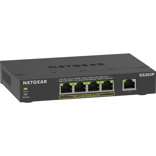 Netgear 5-port poe+ gigabit ethernet soho unmanaged switch (gs305p) (zwart)