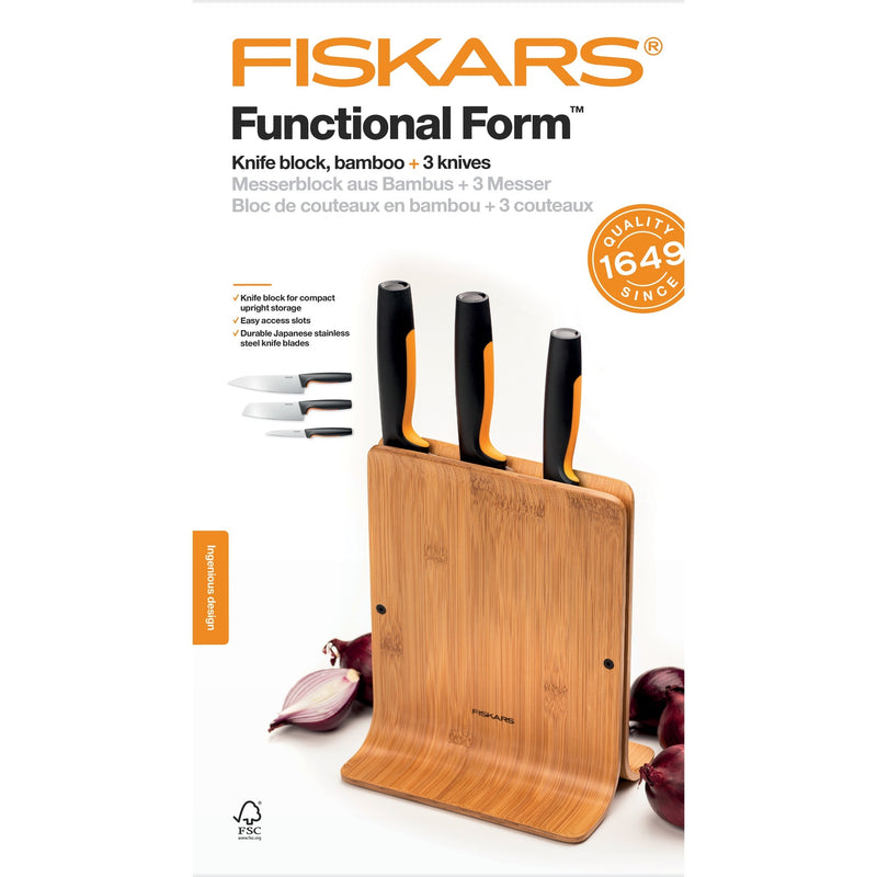 Afbeelding laden in galerijviewer, Fiskars functional form bamboe messenblok met 3 messen (meerkleurig, japans roestvrij staal | handvat met softgrip)
