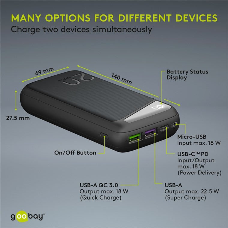 Afbeelding laden in galerijviewer, Goobay quick charge powerbank 20.000 mah - 74 wh (zwart, usb-c pd, qc 3.0)
