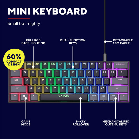 Trust gxt 867 acira 60% mini mechanisch gaming toetsenbord (zwart, us lay-out (qwerty), outemu red, 60%, rgb)