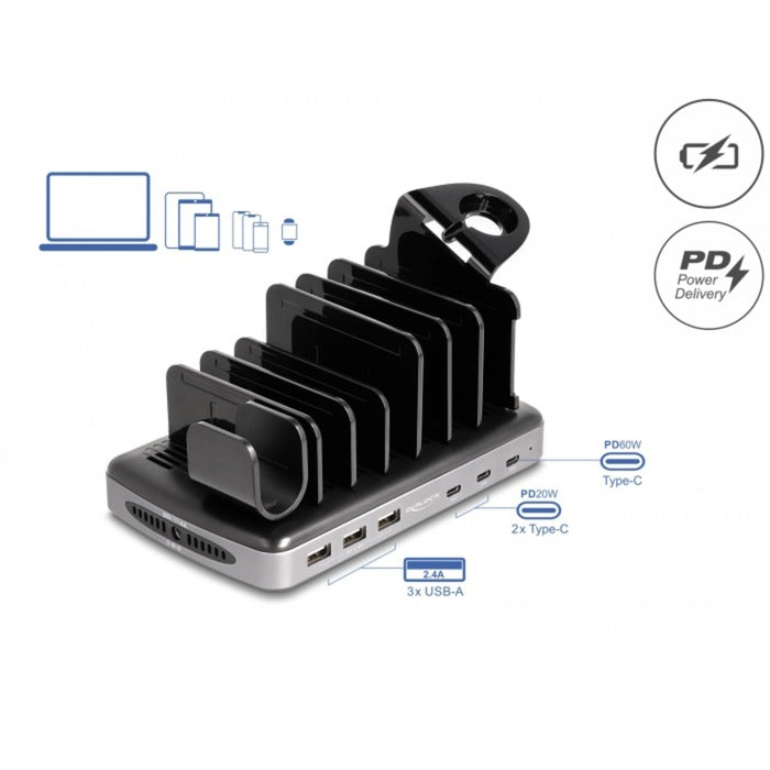 Afbeelding laden in galerijviewer, Delock 112w usb oplaadstation met 3x usb-c pd + 3x usb-a (grijs, 3x usb-c, 3x usb-a)
