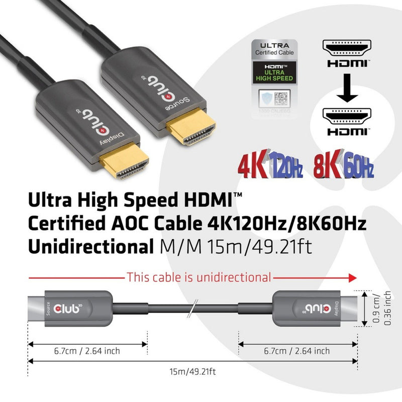 Afbeelding laden in galerijviewer, Club 3d ultra high speed aoc hdmi 2.1 gecertificeerde unidirectioneel kabel male-male (zwart, 15 meter, 4k 120hz, 8k 60hz, 48 gbps)
