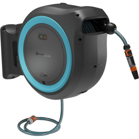 Gardena 35 m wand-slangenbox powerroll xl slanghaspel (grijs turquoise, 35 meter, accu en oplader niet inbegrepen, power for all alliance)