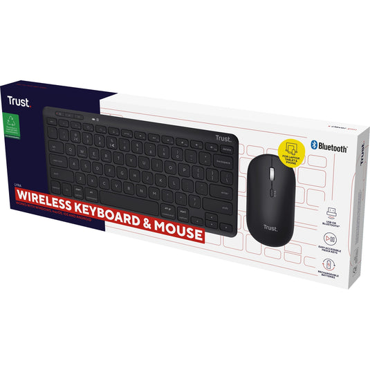 Trust lyra multi-device wireless keyboard mouse desktopset (zwart, us lay-out (qwerty), scissor switches, 65%, 800 - 1.600 dpi, 2,4 ghz usb, bluetooth)