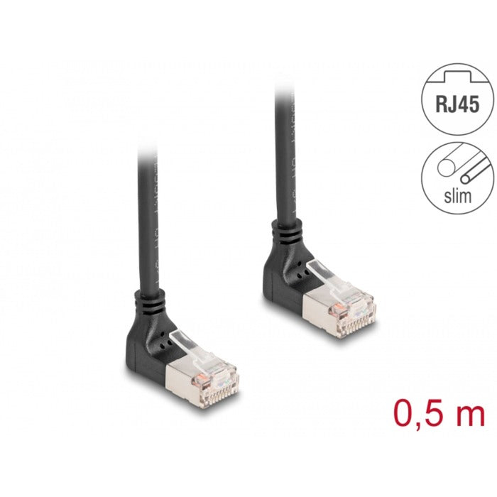 Afbeelding laden in galerijviewer, Delock rj45 network cable cat.6a s ftp slim 90° upwards upwards angled 0.5 m kabel (zwart)
