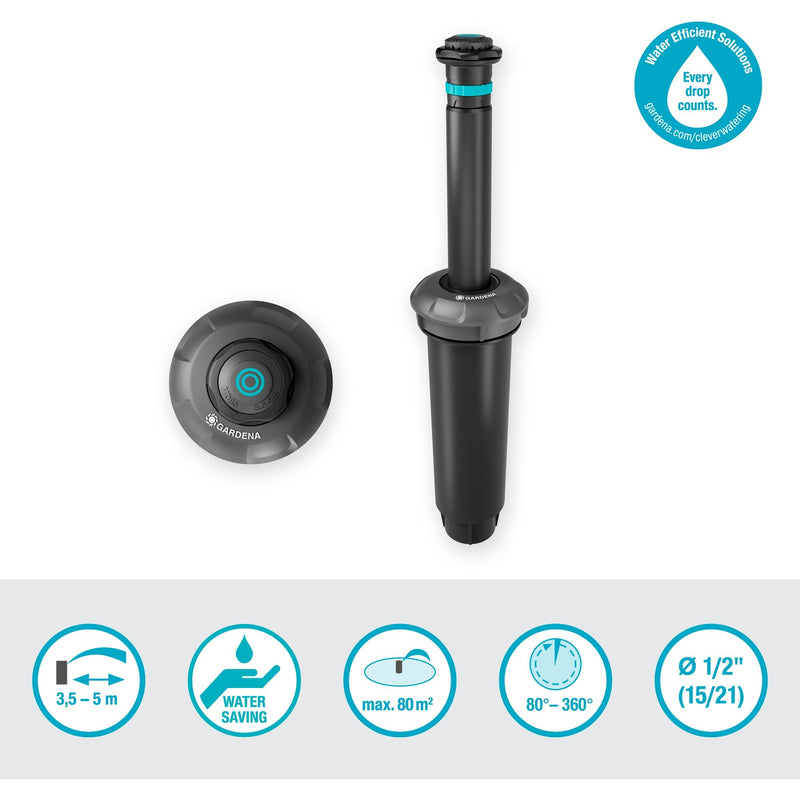 Afbeelding laden in galerijviewer, Gardena pop-up sprinkler md80 sproeier (zwart grijs, sproeiafstand tussen 3,5 m en 5 m)
