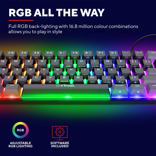 Trust gxt 867 acira 60% mini mechanisch gaming toetsenbord (zwart, us lay-out (qwerty), outemu red, 60%, rgb)