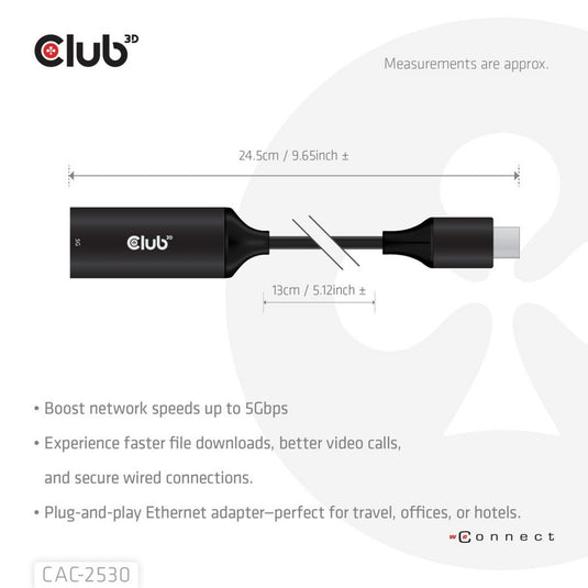 Club 3d usb-c naar rj45 5gbps ethernet m f adapter (zwart)