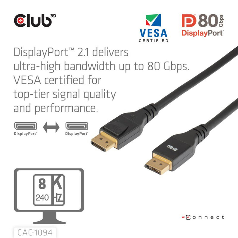 Afbeelding laden in galerijviewer, Club 3d gecertificeerde displayport 2.1 kabel (zwart, 2 meter, 10k)
