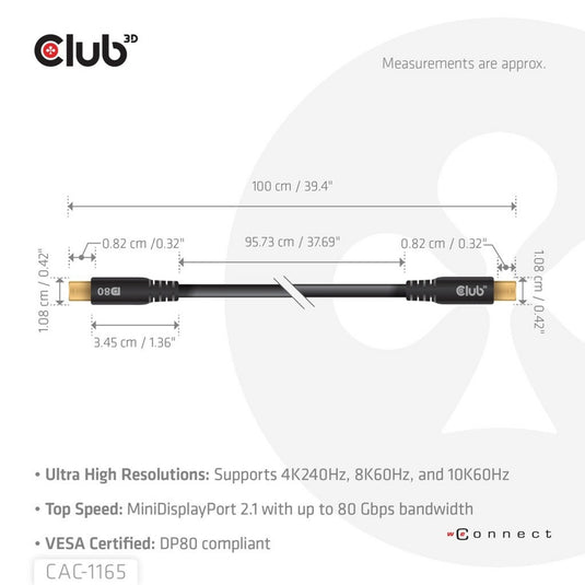 Club 3d minidisplayport naar minidisplayport dp80 bidirectioneel kabel (zwart, 1 meter, vesa-gecertificeerd)