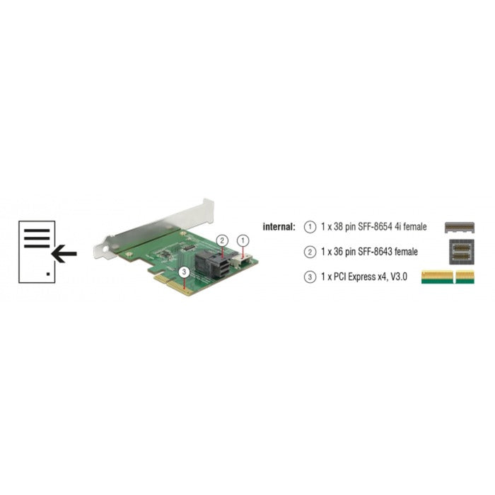 Afbeelding laden in galerijviewer, Delock pci express x4 card u.2 nvme naar 1 x internal sff-8654 4i + 1 x internal sff-8643 – low profile form factor adapter (zilver)
