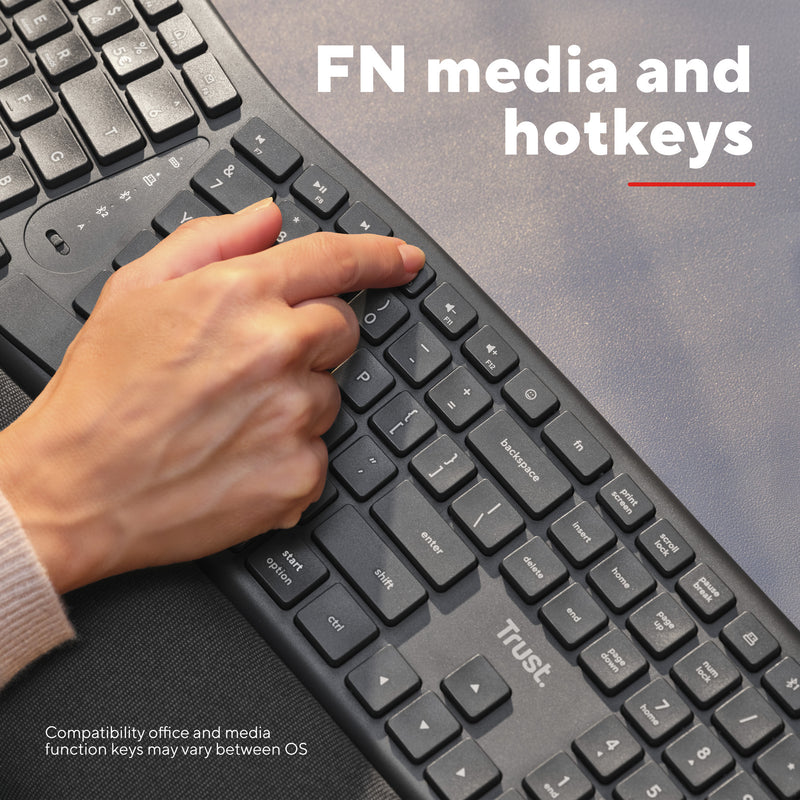 Afbeelding laden in galerijviewer, Trust keyra ergonomisch draadloos toetsenbord (zwart, us lay-out (qwerty), 100%, 2.4 ghz usb | bluetooth)
