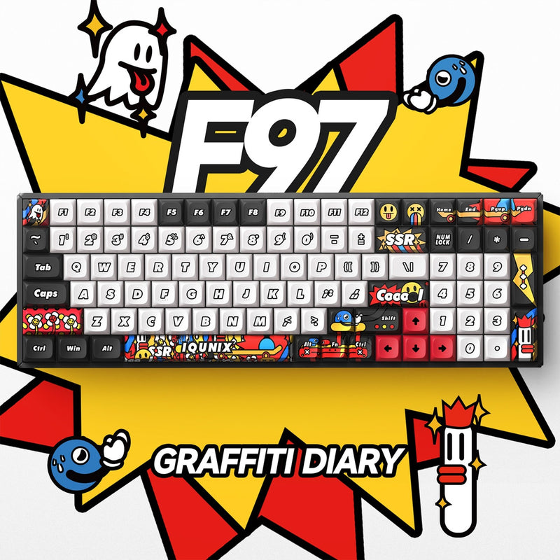 Afbeelding laden in galerijviewer, Iqunix f97 graffiti diary wireless mechanical keyboard (zwart, us lay-out (qwerty), cherry mx silent red, 96%, rgb leds, hot-swappable, pbt, 2.4ghz | bluetooth 5.1 | usb-c)
