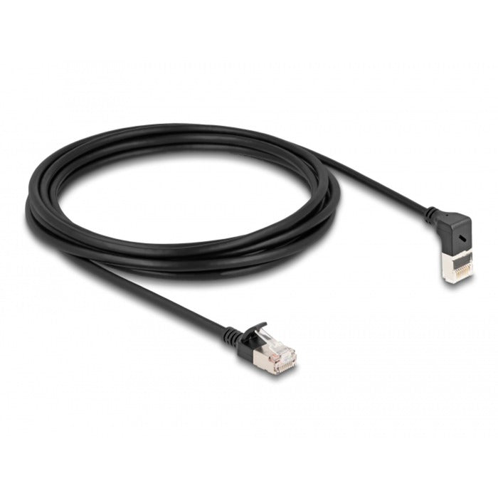 Afbeelding laden in galerijviewer, Delock rj45 network cable cat.6a s ftp slim 90° upwards angled straight 3 m kabel (zwart)
