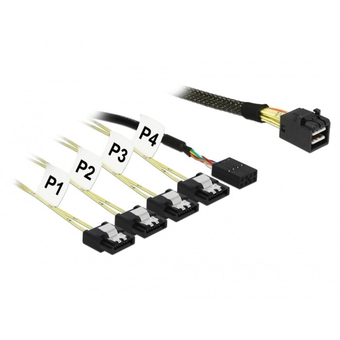 Afbeelding laden in galerijviewer, Delock interne minisas-hd sff-8643 naar 4x 7-pin sata adapterkabel (zwart, 1 meter, met sideband)
