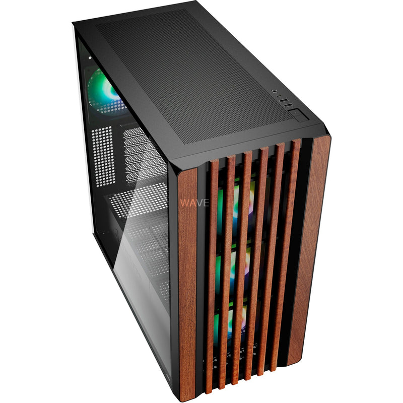 Afbeelding laden in galerijviewer, Sharkoon rebel c70g rgb midi tower behuizing (zwart houtkleur | 2x usb-a | 1x usb-c | rgb | tempered glass)
