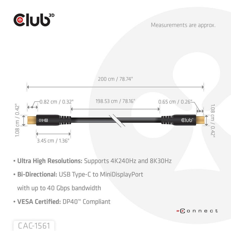 Afbeelding laden in galerijviewer, Club 3d usb-c naar minidisplayport dp40 bidirectioneel adapter (zwart, 2 meter, vesa-gecertificeerd)
