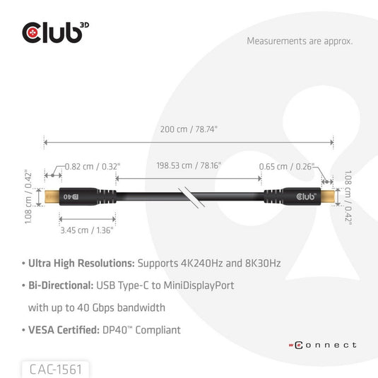 Club 3d usb-c naar minidisplayport dp40 bidirectioneel adapter (zwart, 2 meter, vesa-gecertificeerd)