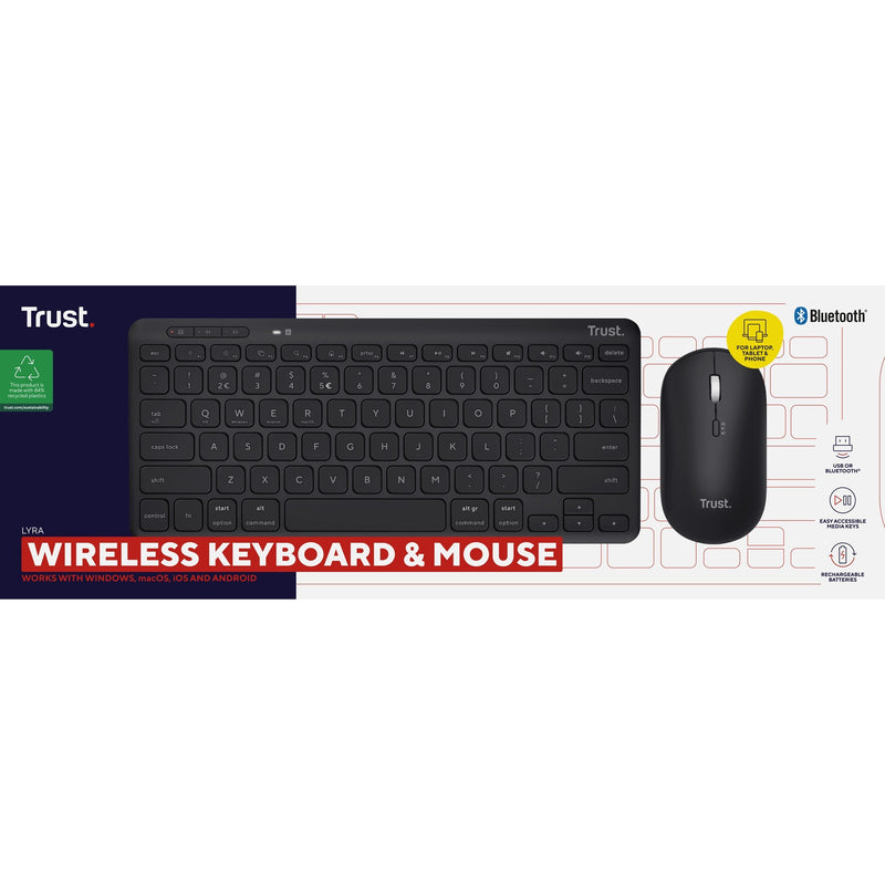 Afbeelding laden in galerijviewer, Trust lyra multi-device wireless keyboard mouse desktopset (zwart, us lay-out (qwerty), scissor switches, 65%, 800 - 1.600 dpi, 2,4 ghz usb, bluetooth)

