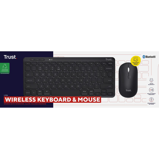 Trust lyra multi-device wireless keyboard mouse desktopset (zwart, us lay-out (qwerty), scissor switches, 65%, 800 - 1.600 dpi, 2,4 ghz usb, bluetooth)