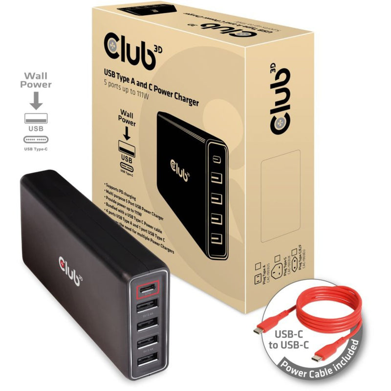 Afbeelding laden in galerijviewer, Club 3d 111w power delivery oplader (zwart, 1x usb-c, 4x usb-a)
