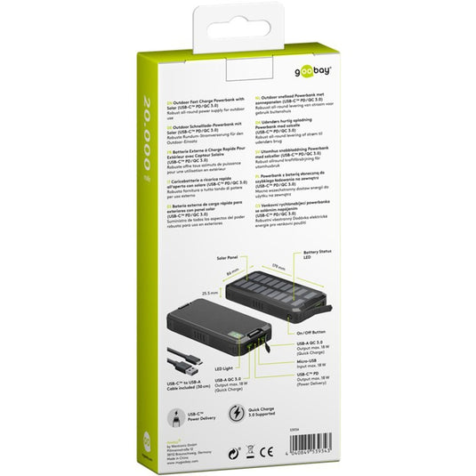 Goobay outdoor solar power bank 20,000 mah with power delivery powerbank (zwart)