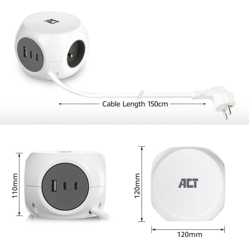 Afbeelding laden in galerijviewer, Act connectivity act stekkerdoos kubus met 3 stopcontacten, 30w power delivery usb-c a poorten, kabellengte 1,5m ac2425
