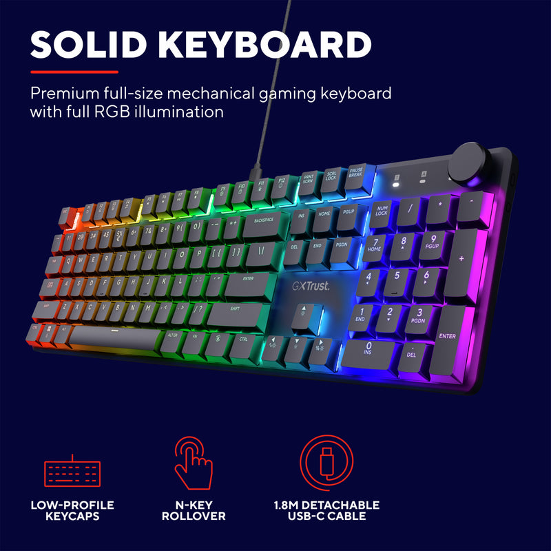Afbeelding laden in galerijviewer, Trust gxt 866 torix mechanisch gaming toetsenbord (zwart, us lay-out (qwerty), huano red, 100%, rgb)
