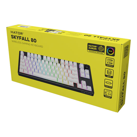 Hator skyfall wireless rgb mechanisch gaming toetsenbord (zwart, us lay-out (qwerty), hator aurum lemon, 80% (tkl), rgb, double shot abs, hot-swap, 2.4ghz | bluetooth | usb-c)