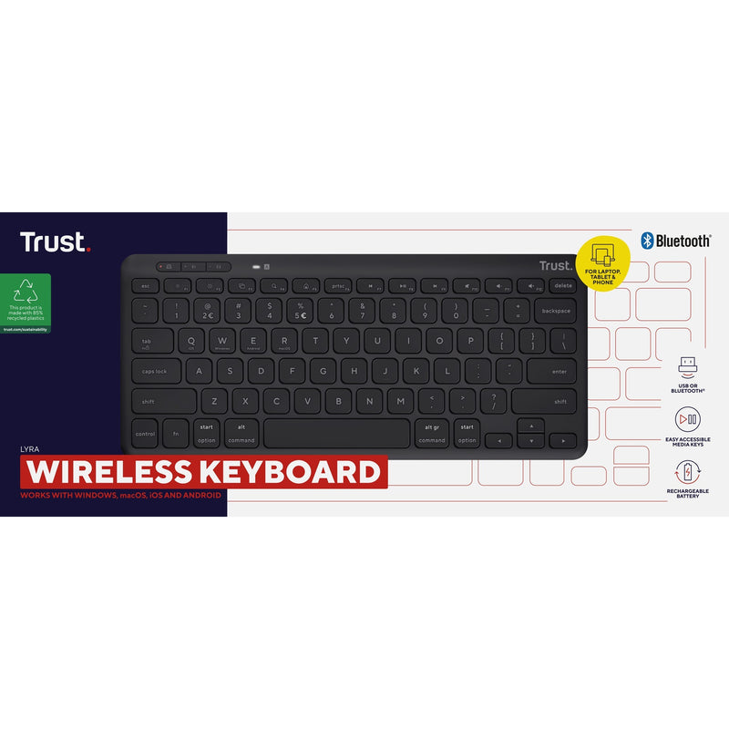 Afbeelding laden in galerijviewer, Trust lyra compact draadloos toetsenbord (zwart, us lay-out (qwerty), scissor switches, 65%, 2,4 ghz usb, bluetooth)
