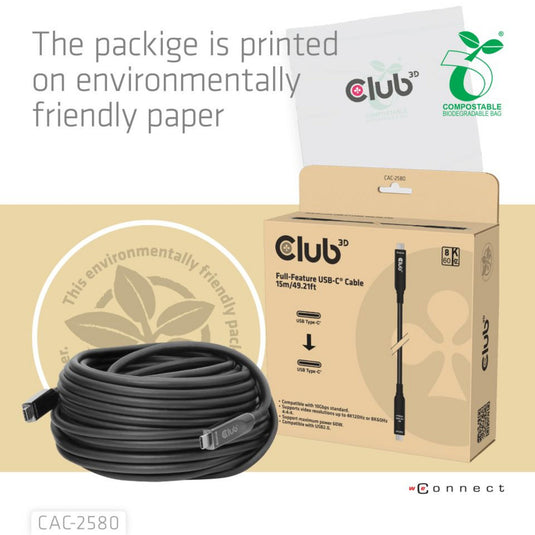 Club 3d full-feature usb-c kabel, 15m (zwart, 8k60hz 10gbps 60w)