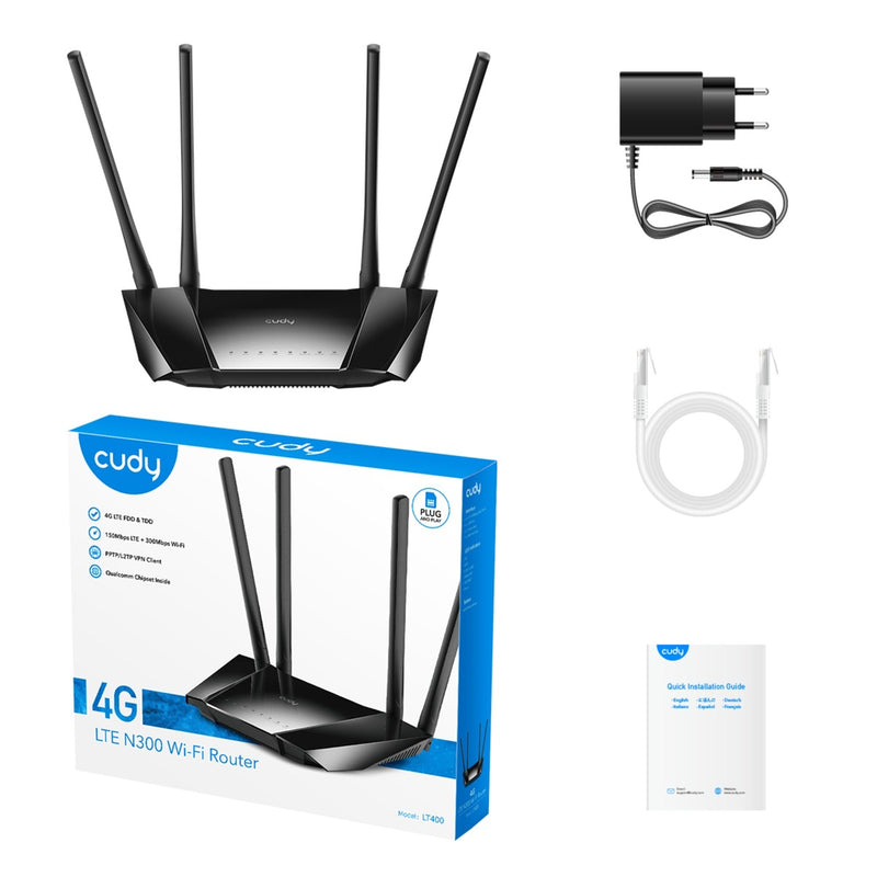 Afbeelding laden in galerijviewer, Cudy n300 wi-fi 4g lte cat4 router (zwart, app, nano sim-slot)
