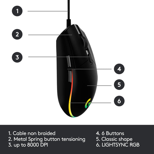 Logitech g203 lightsync gaming muis (zwart, 200 - 8000 dpi, rgb leds)