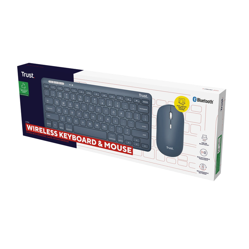 Afbeelding laden in galerijviewer, Trust lyra multi-device wireless keyboard mouse, desktopset (blauw, us lay-out, scissor switches, 800 - 1.600 dpi, 2,4 ghz usb, bluetooth, 65%)
