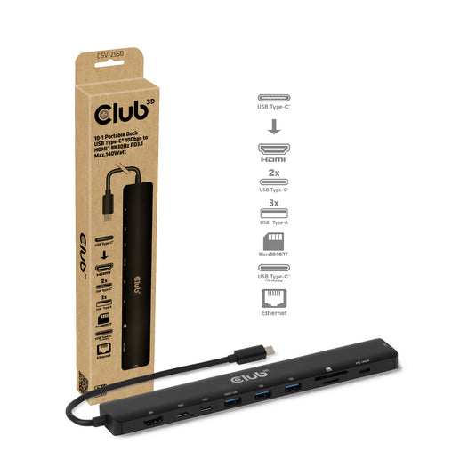 Club 3d 10-1 portable dock usb type-c 10gbps to hdmi 8k30hz pd3.1 max.140 watt dockingstation (zwart, hdmi, usb-c, lan)