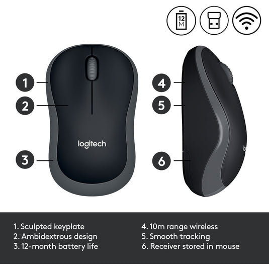 Muis logitech m185 grijs, zwart