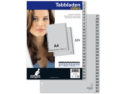 Kangaro tabbladen pp g452cm a4 120 micron grijs 2-serie 1-52 23-gaats bedrukt
