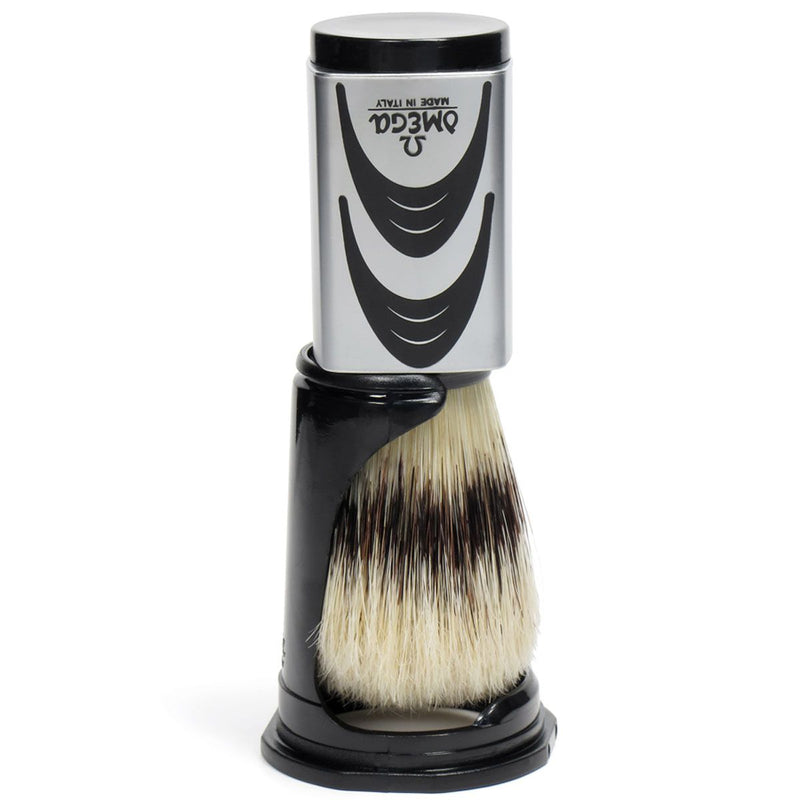 Afbeelding laden in galerijviewer, Omega scheerkwast hi-brush varkenshaar met dassenhaareffect grijs handvat + standaard 11,5cm
