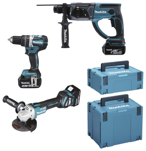Makita dlx3093tj 18v lxt 3 delige set: dga513 haakse slijper + dhp484 (klop)boormachine + dhr202 boorhamer met 3 x 5.0ah accu's - dlx3093tj