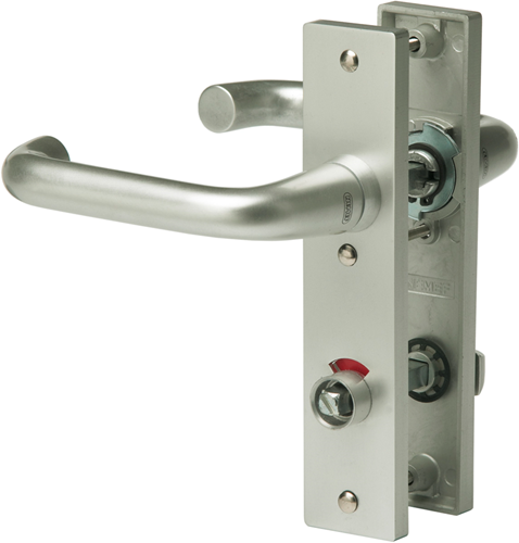 Afbeelding laden in galerijviewer, Nemef 3252 wc ls beslag kortschild afgerond | d kruk-kruk | beslagset | geveerd | krukstift 8mm | f1 aluminium | wc72 | draairichting links - 9325222722
