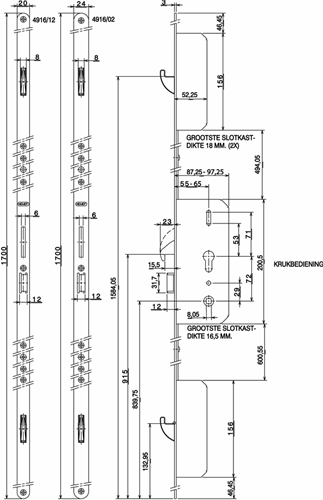Afbeelding laden in galerijviewer, Nemef 4916 veiligheidsmeerpuntssluiting | krukbediend | skg*** | dm55mm | pc72mm cilinder boven kruk | voorplaat staal verzinkt 20x1950mm afgerond| dr 1+3 2+4 - a000307700
