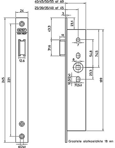 Afbeelding laden in galerijviewer, Nemef 9620 loopslot | dm25mm | krukgat 8mm | voorplaat rvs 24x245mm rechthoekig | zamac vernikkelde dagschoot | dr 1+3 2+4 - 9962107001
