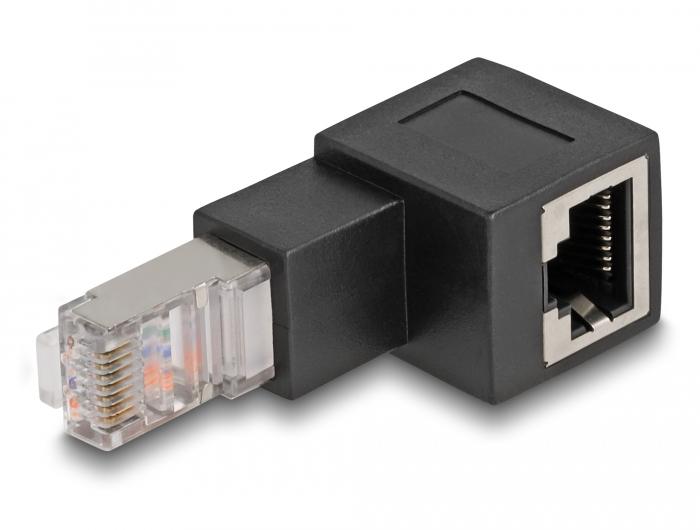 Afbeelding laden in galerijviewer, Delock rj45 plug to rj45 jack adapter cat.6a 90° downwards angled (zwart)

