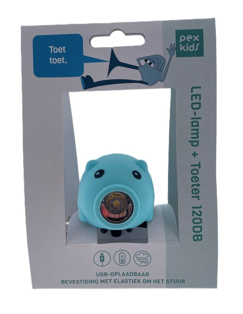 Afbeelding laden in galerijviewer, Pexkids fietstoeter varken met led lamp usb blauw
